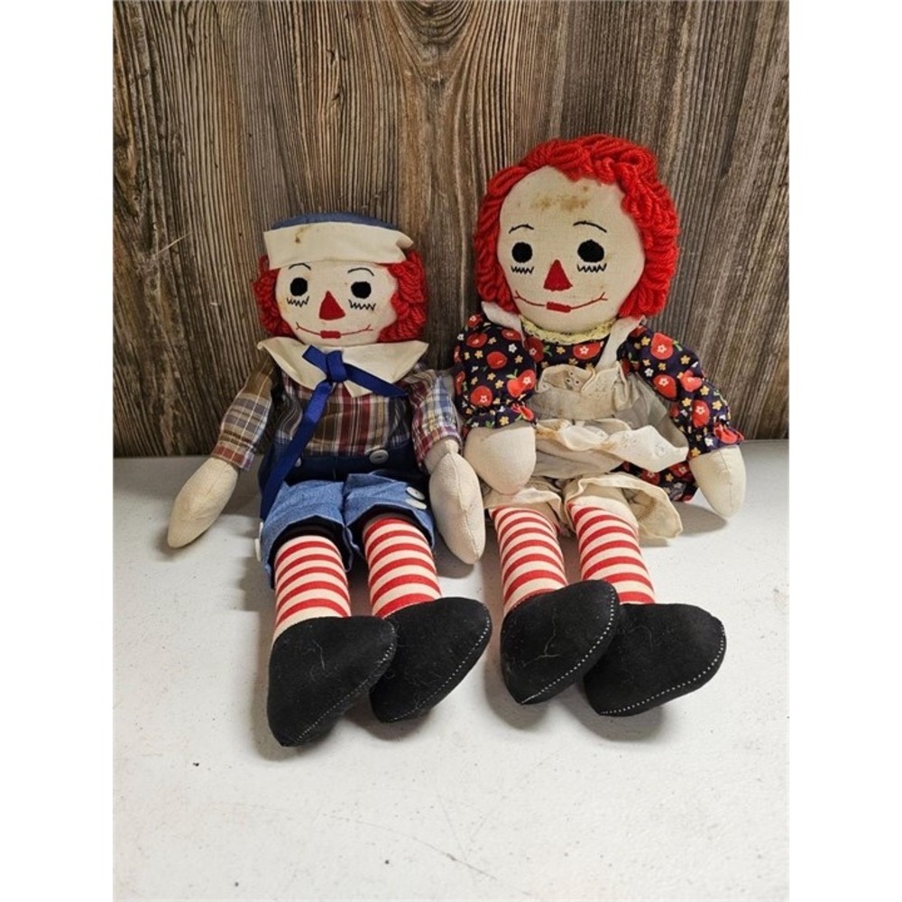 Vintage Raggedy Ann & Andy Cloth Dolls Pair Red Yarn Hair 15.5/17" Handmade Folk